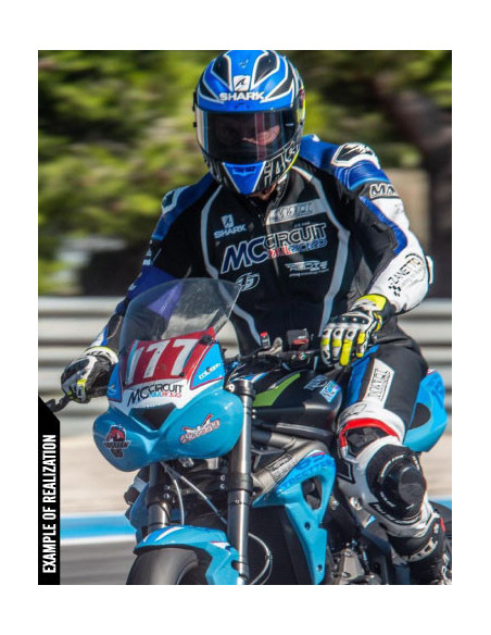 Motorcycle suit in cowhide or kangaroo leather, customizable, airbag and integrated airbag compatible. FFM FIM approved