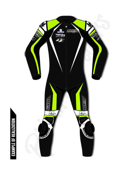 Motorcycle suit in cowhide or kangaroo leather, customizable, airbag and integrated airbag compatible. FFM FIM approved