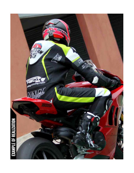 Motorcycle suit in cowhide or kangaroo leather, customizable, airbag and integrated airbag compatible. FFM FIM approved